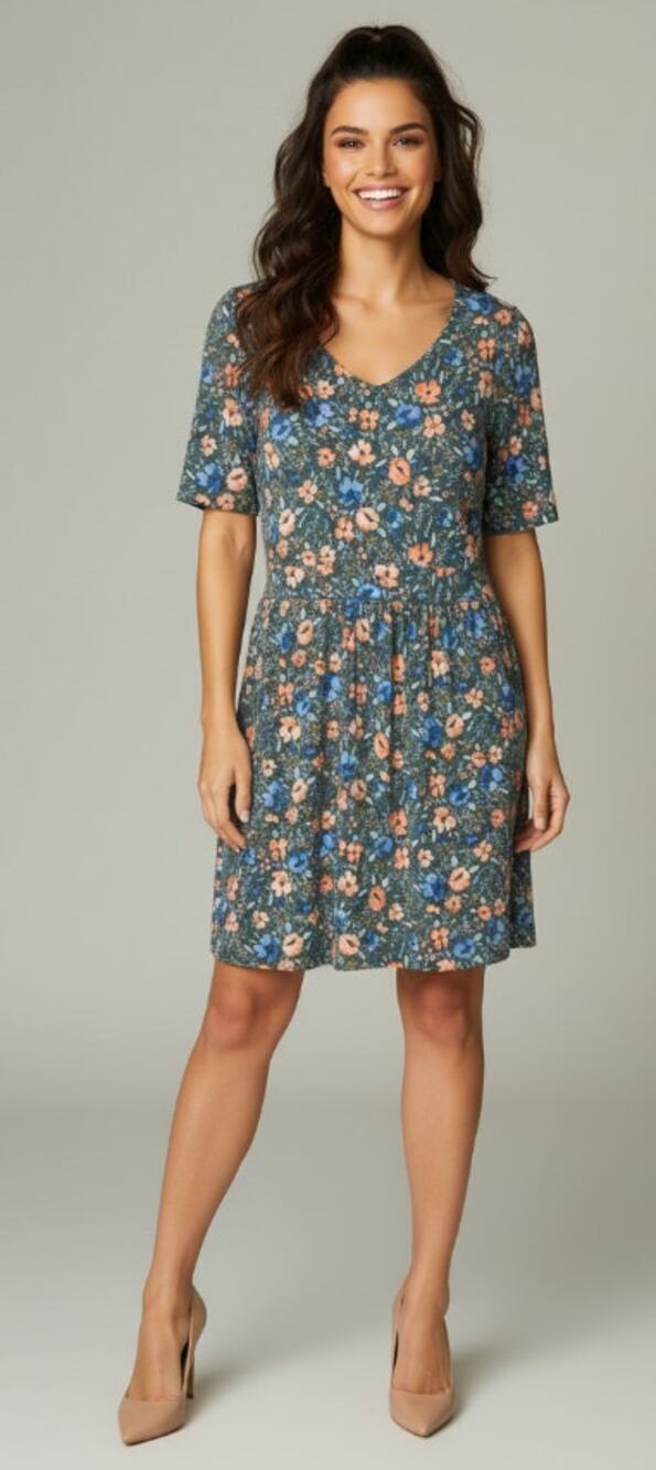 LANDS' END WOMENS SMALL 6-8 FLORAL STRETCH KNIT FIT FLARE SHORT DRESS